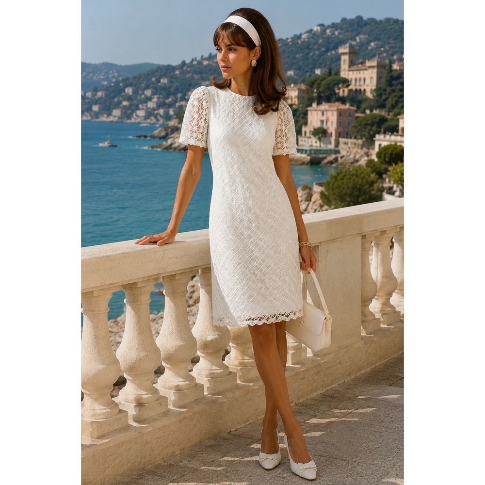 Massimo Dutti White Mod 60's Style Shift Dress Lacey Cotton Euro Vacation sz 6